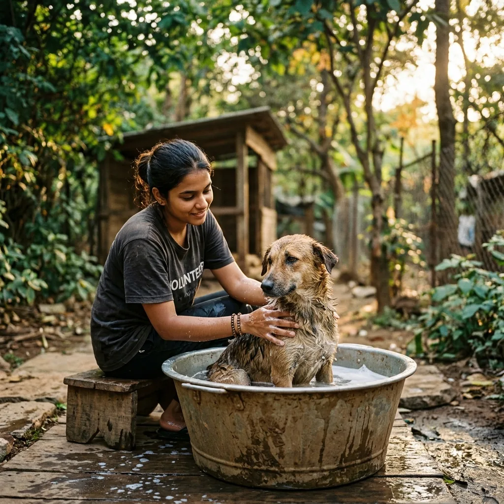 Volunteers caring for rescued dogs at Shri Hari Hive