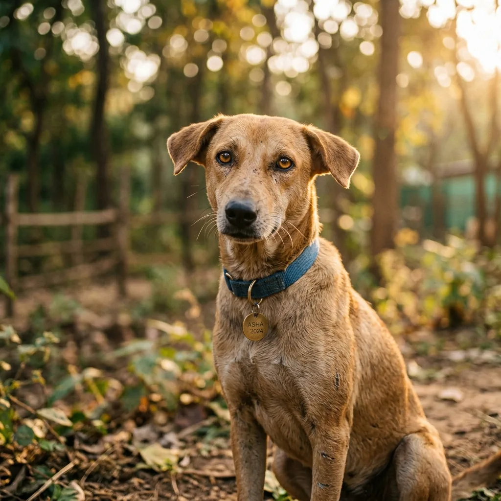 A rescued street dog at Shri Hari Hive — eyes full of trust